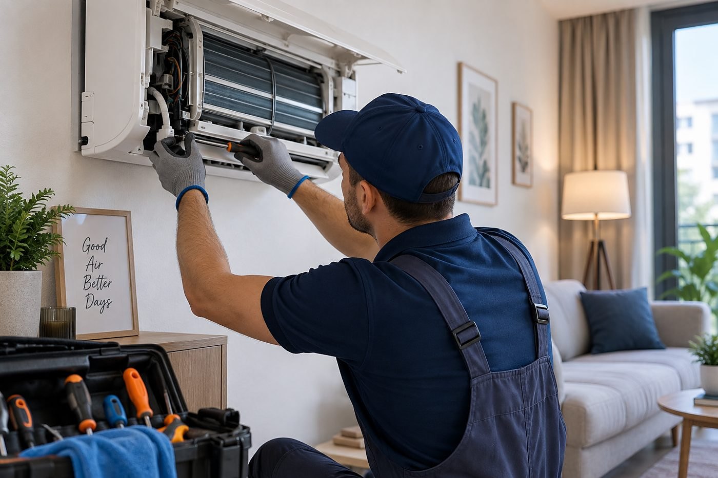 Engineer checking pressures on an outdoor air conditioning unit