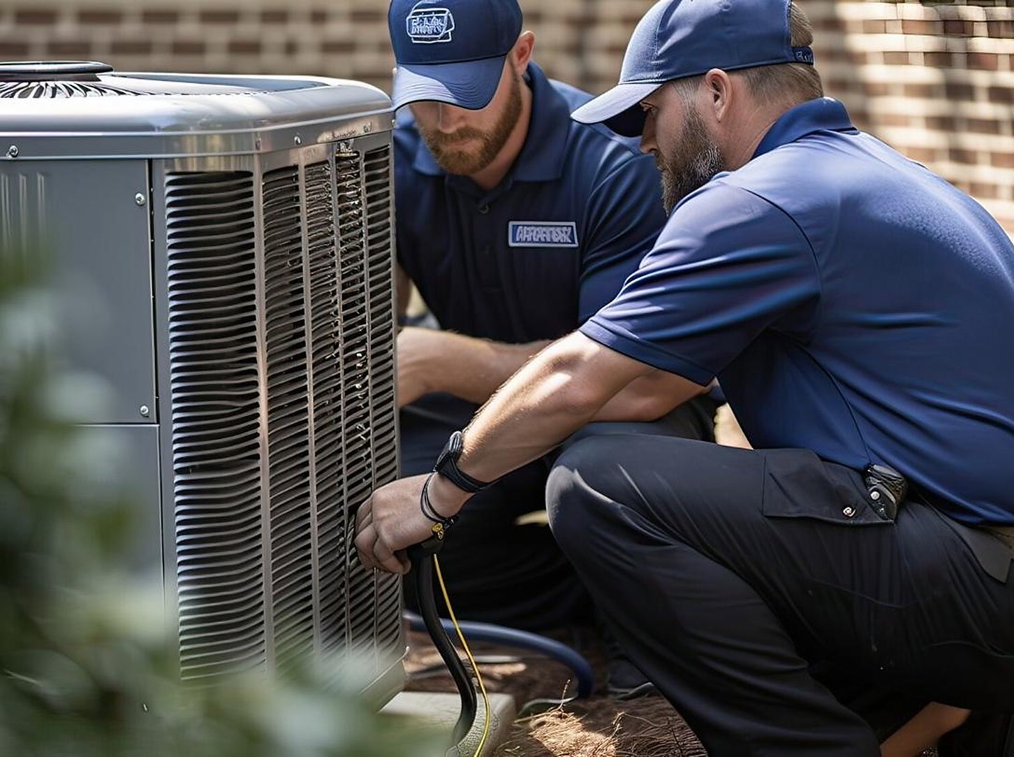 Engineers working on an outdoor air conditioning condenser unit
